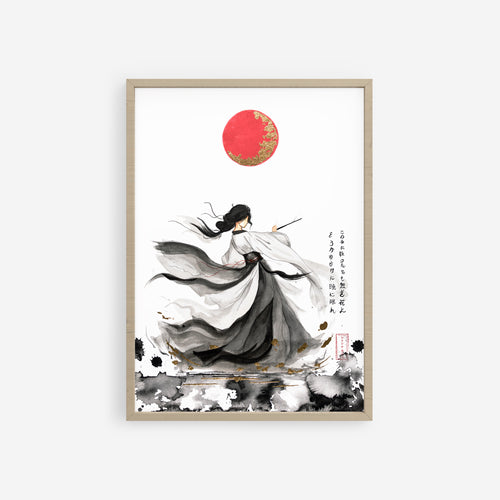 Obra de inspiración japonesa con una figura femenina en movimiento, vestida con formas fluidas en negro y gris. La composición incluye un sol rojo en la parte superior y detalles verticales que recuerdan a la caligrafía japonesa.