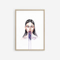 Retrato femenino en acuarela sobre fondo claro. La figura aparece de frente, con cabello oscuro, expresión calmada y una composición delicada que transmite silencio, introspección y emoción contenida.