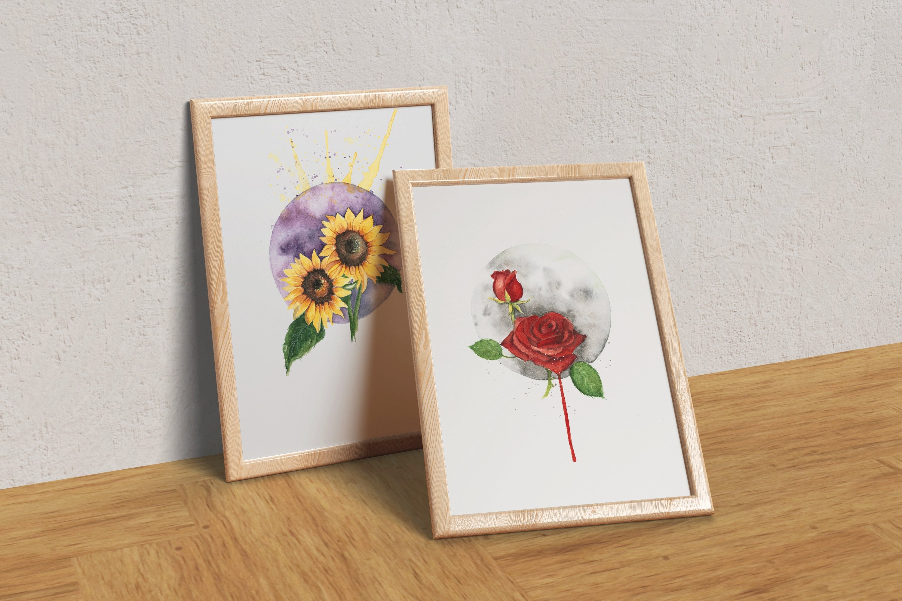 Pinturas en acuarela de rosas y girasoles en una atmosfera introspectiva
