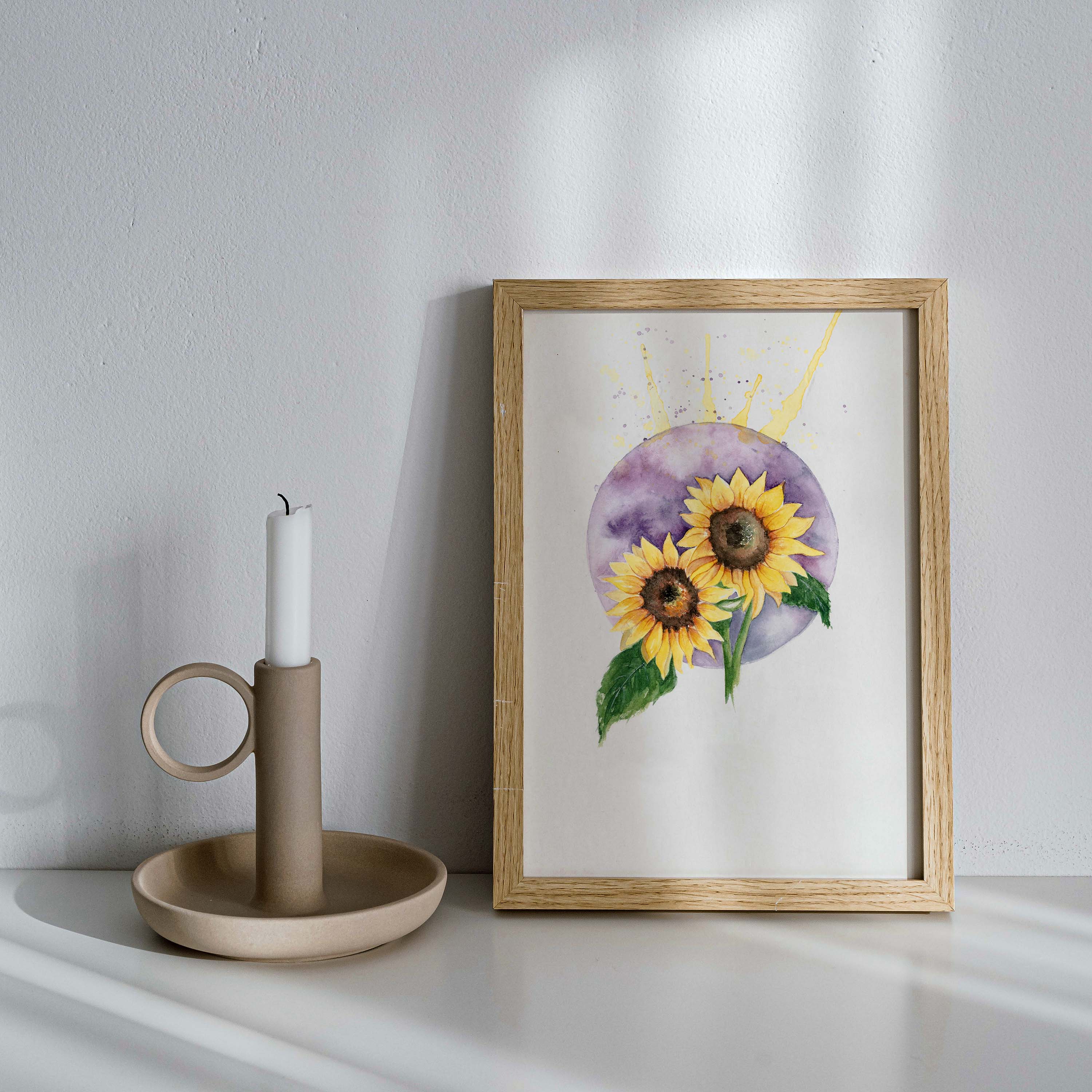 Acuarela original Sol Etéreo de Karen Novoa para Koba Studio. Pieza única sobre papel de algodón, firmada por la artista.